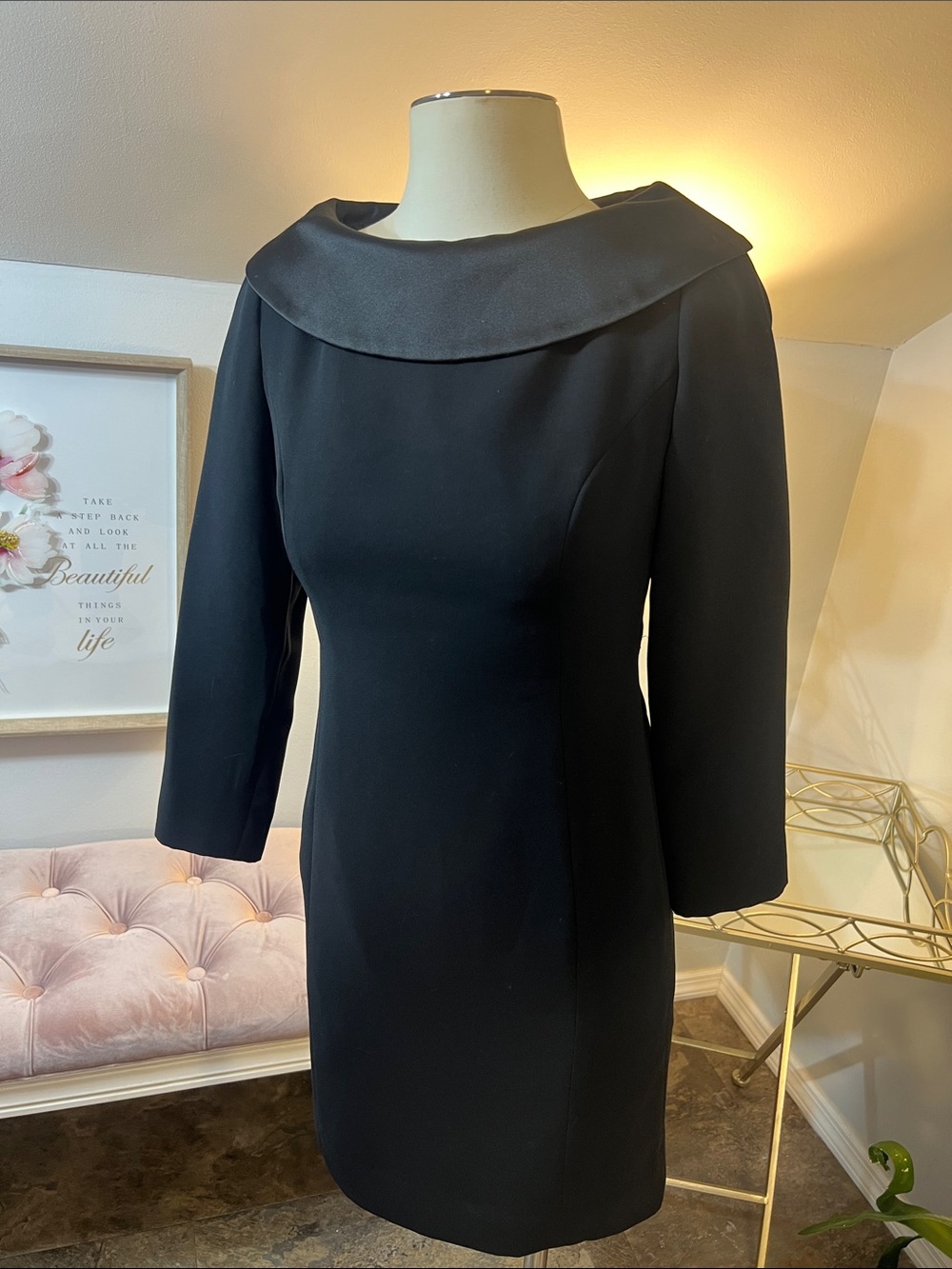 Shani Black Satin Foldover Collar Bow Back Sheath Dress Size 2P